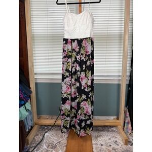 Lily Rose Womens Floral Maxi Dress White Lace Bodice Black Pink Chiffon Small